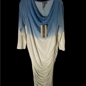 SO LO MODA‎ Blue & White Dip Dyed Ruched Cowl Neck Pullover Dress Size M